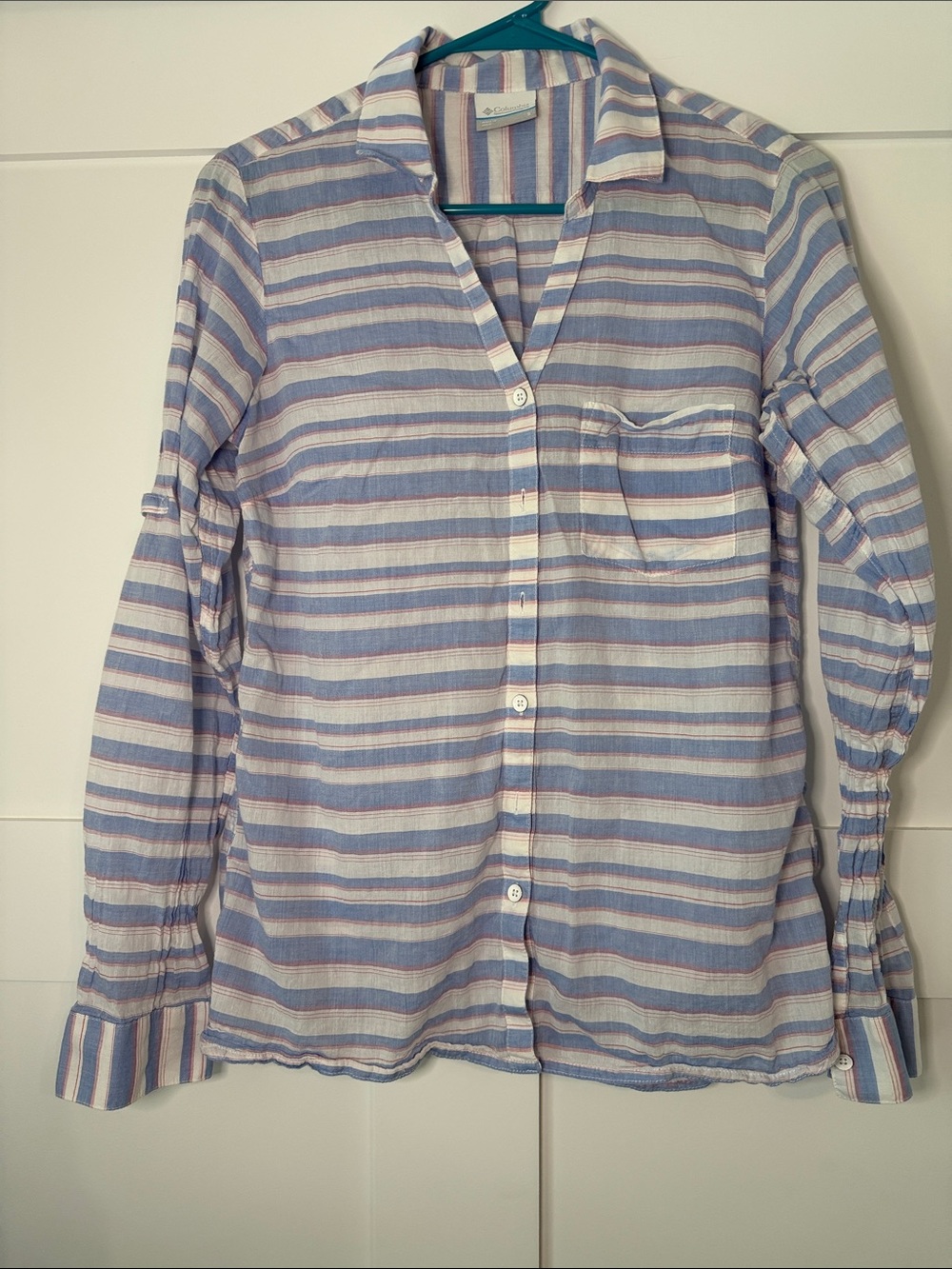 Columbia Blue, White & Pink Striped Button-Up Shirt
